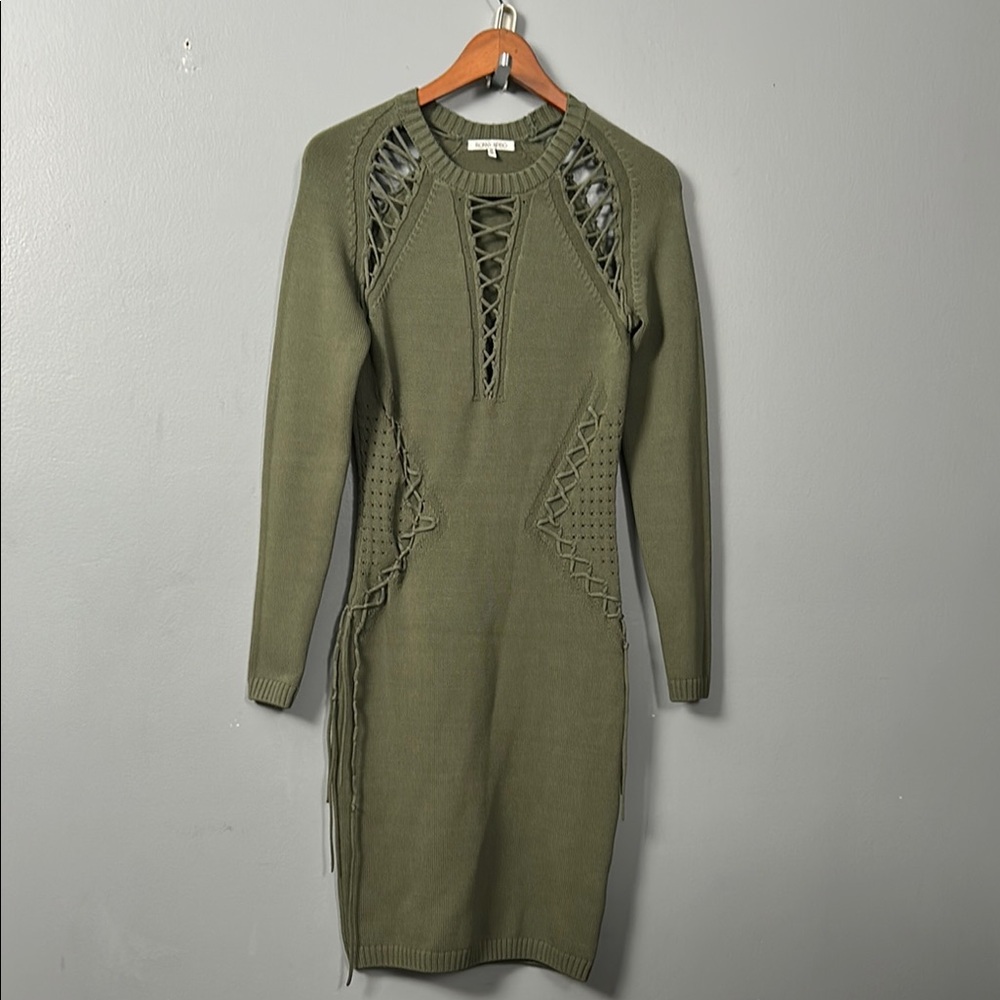 Ronny Kobo Olive Green Knitted Cut-Out Lace Up Detail Bodycon Dress size M NWOT